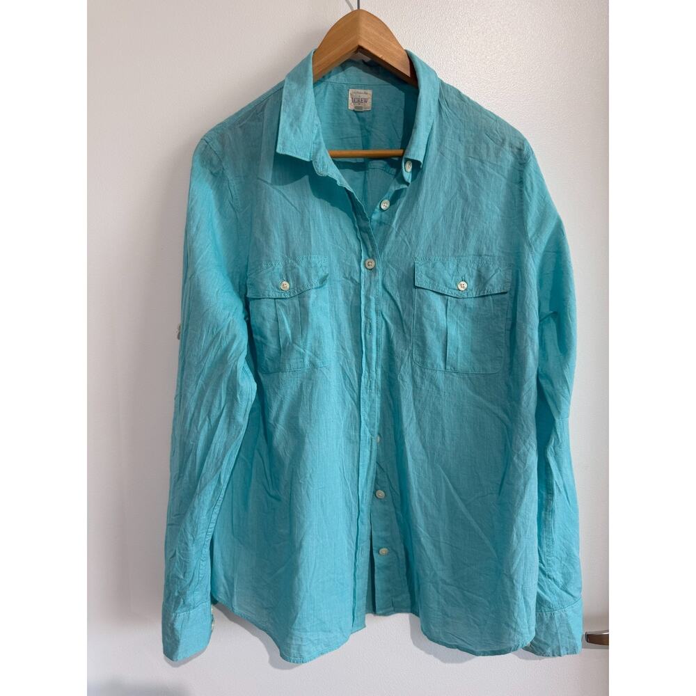 J Crew The perfect shirt Women’s Blue Cotton Button Down Roll tab Pocket Sz-XL